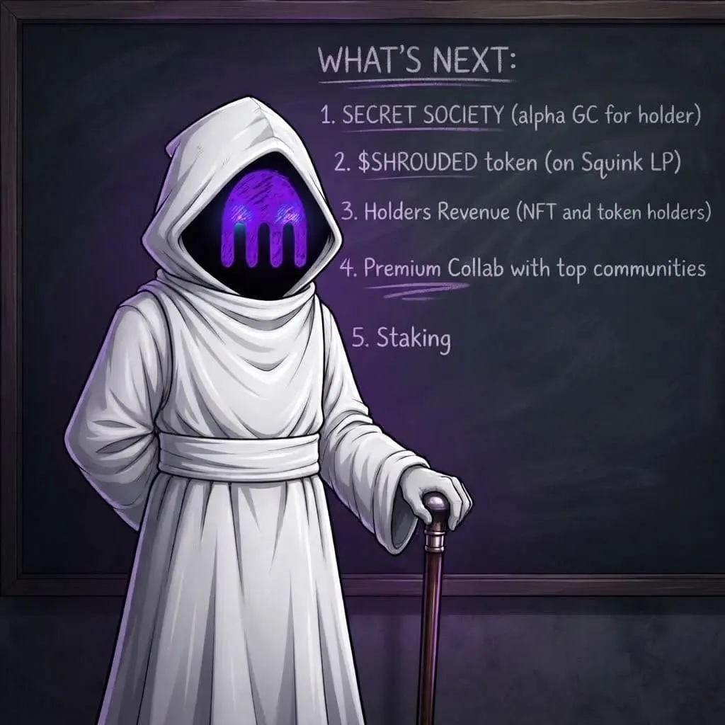A white-robed figure with the violet sigil for a face, holding a staff beside a chalkboard. The steps are written beside this image.