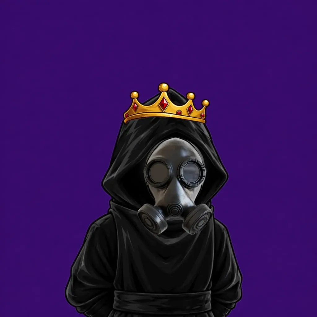A figure in a black hood and gas mask, with a gold crown set with red stones.