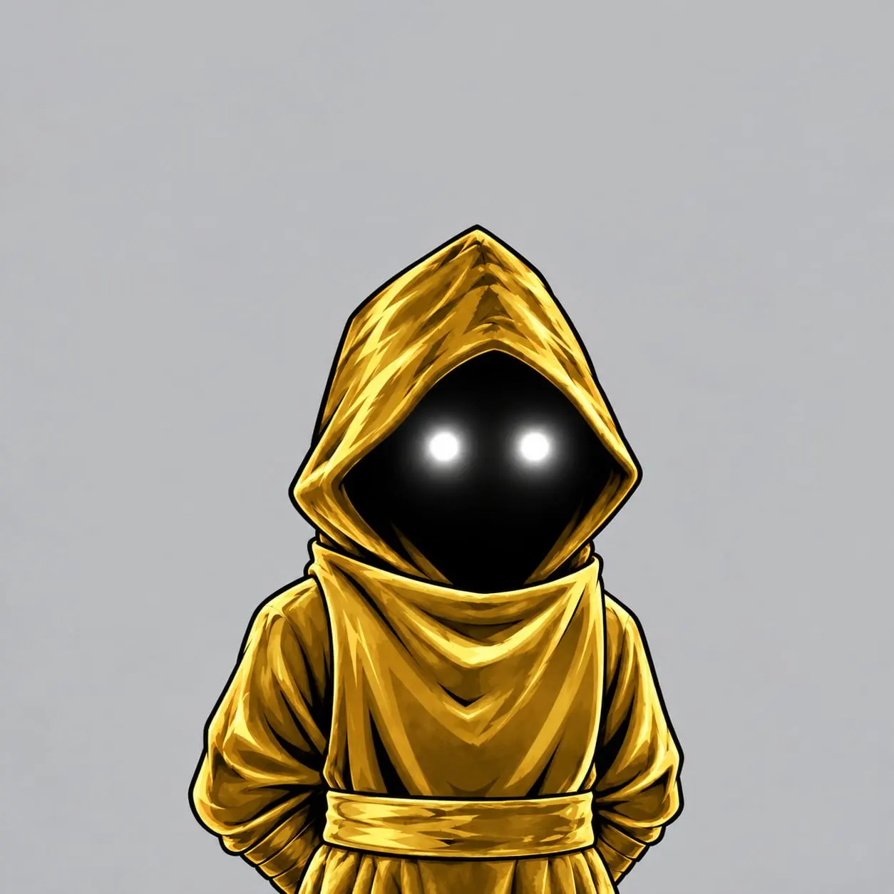 A figure in a gold hood. The face is black, with two white lights for eyes.
