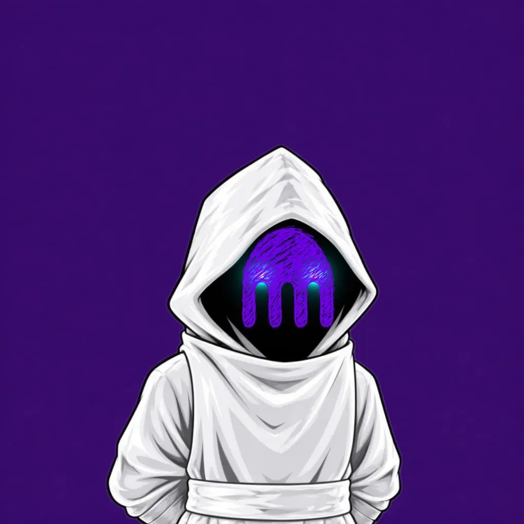 A figure in a white hood. Where the face would be, the Shrouded sigil glows violet.