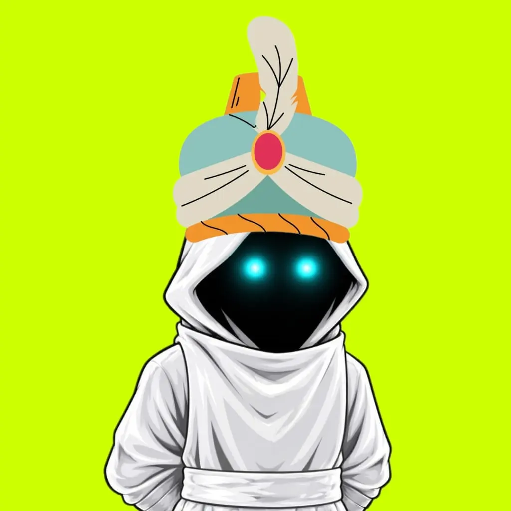 A figure in a white hood and a pale turban with a red stone and a feather. Two lights glow where the eyes would be.