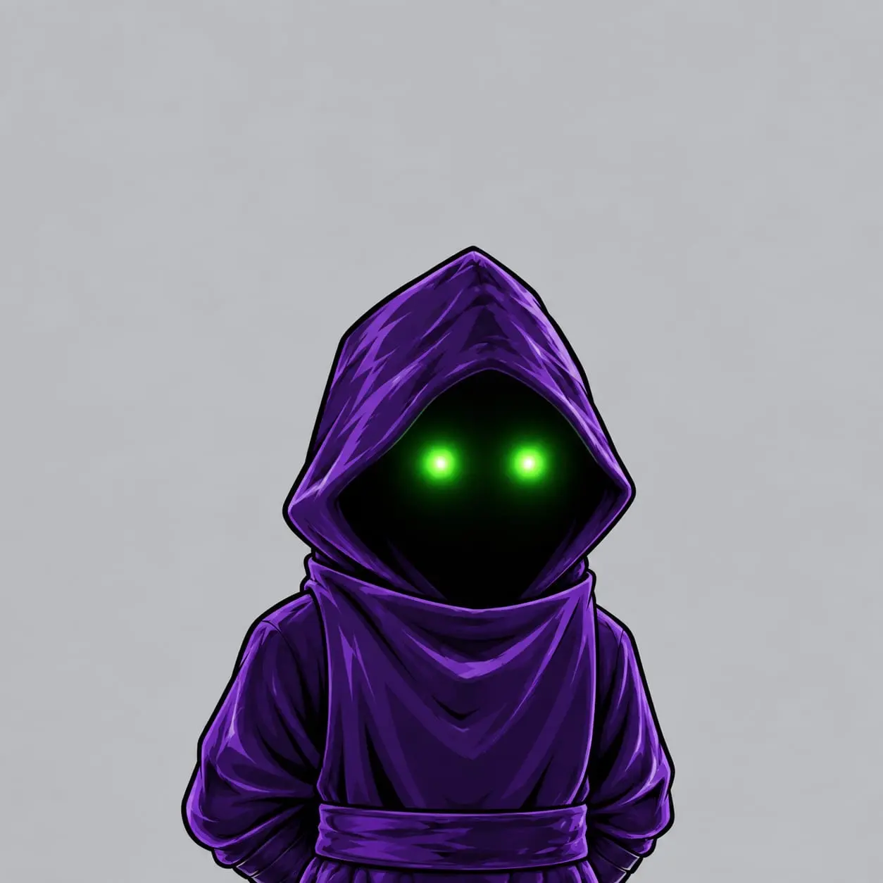 A figure in a violet hood. The face is black, with two green lights for eyes.
